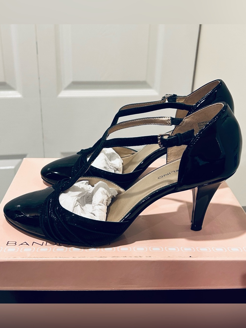 Patent Black T-Strap Mid-Heel Pumps
